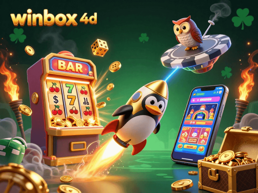 Engage with winbox 4d: Rocket-powered penguin zooms past a casino-themed space station in a vibrant 3D scene.