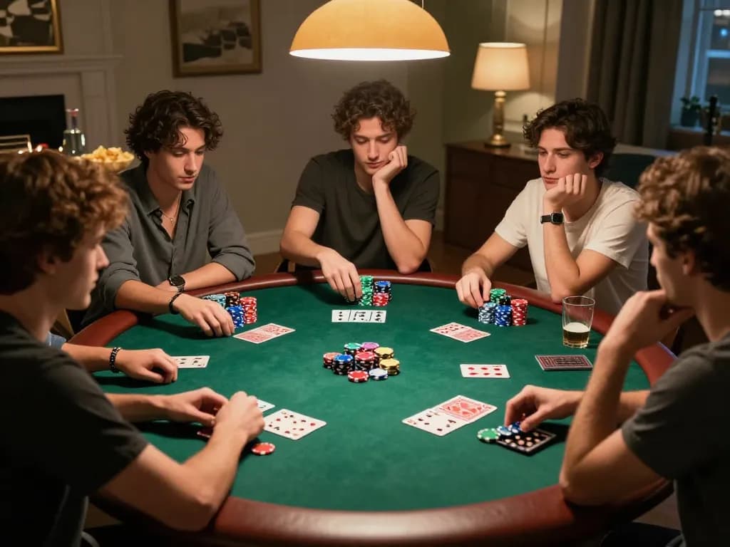 Friends play poker at home, showcasing TR88-themed strategies and engaging gameplay