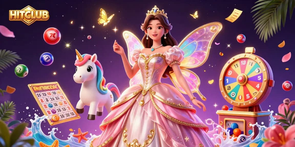 Experience the excitement at HITCLUB with vibrant lottery elements and magical characters.