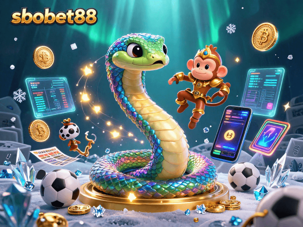 Bet on sbobet88 with vibrant visuals of a rainbow serpent, monkey king, and sports betting elements.