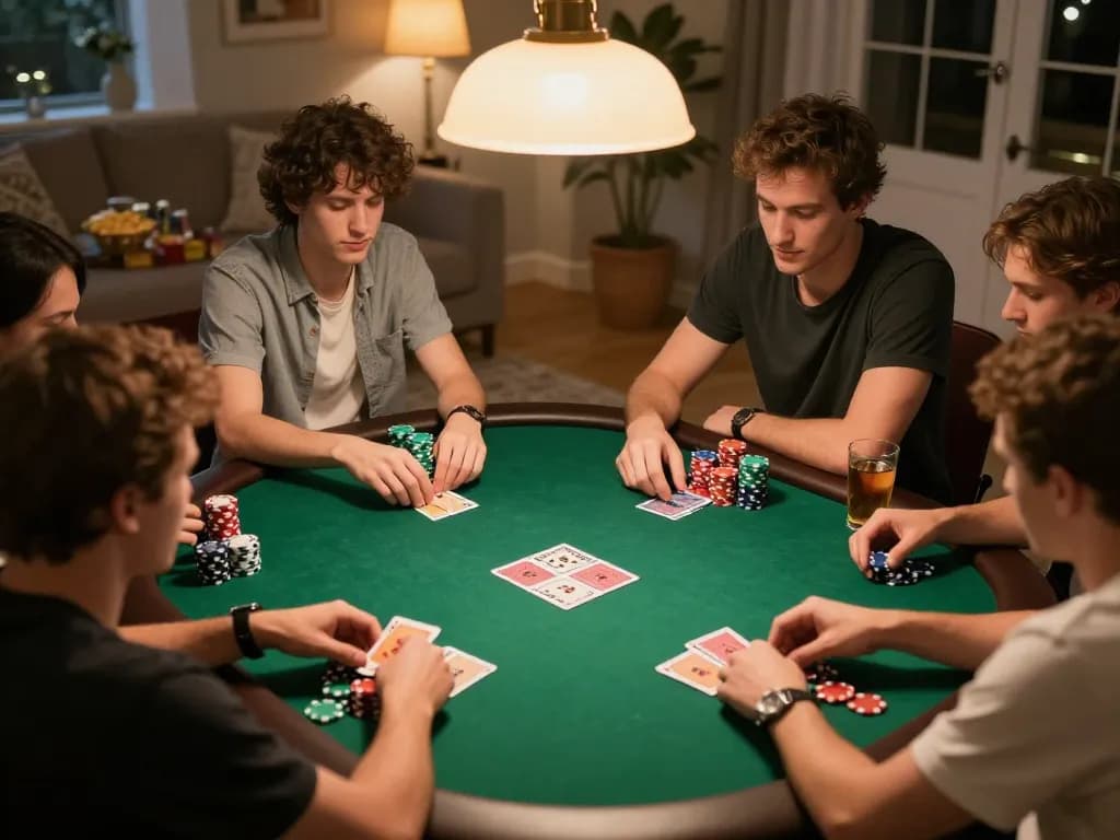 Players engaged in a friendly poker game at home with strategic bets and lively interaction, emphasizing sun win moments.