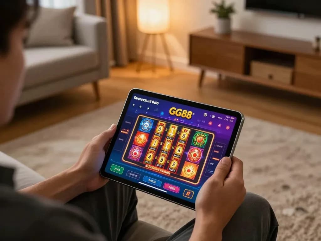 Engaging in online gaming at GG88 com on a tablet in a cozy home setup