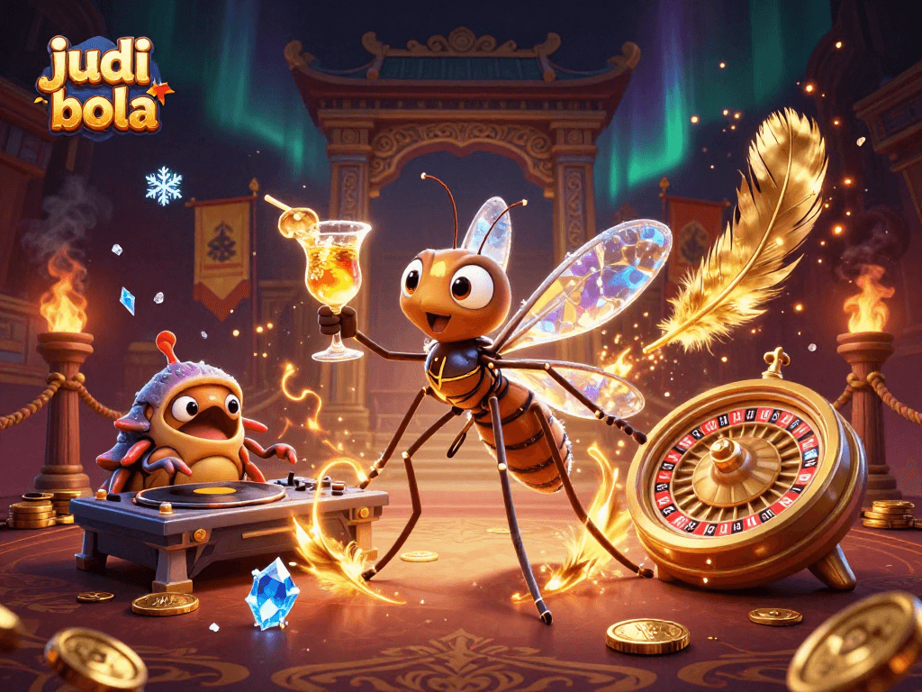 Engage in judi bola with an exciting casino-themed scene featuring unique characters and dynamic gambling elements.