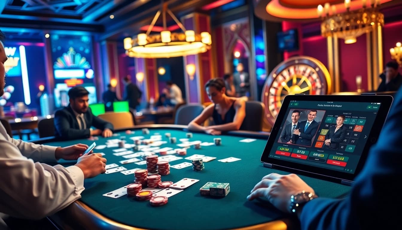 Experience high-stakes gaming action at https://79king.credit/ with poker chips and cards in an electrifying casino ambiance.