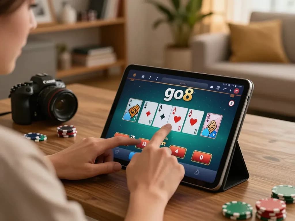 Enjoying go8 poker action on a tablet in a cozy home setting, reflecting strategic online gameplay.