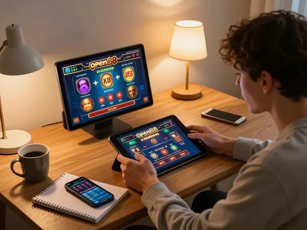 Engaging gaming experience on open88 as a player uses a tablet for betting in a cozy home workspace.