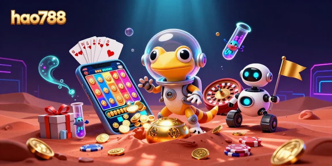 HAO788 menghadirkan gecko Mars berpetualang di kasino emas, dikelilingi elemen permainan slot dan bingo.