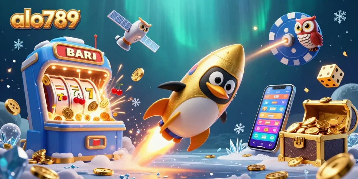 Join the excitement at alo789 as a golden penguin soars toward a casino station, surrounded by coins and festive symbols.