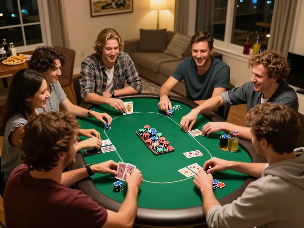 Friends enjoying a poker night at home with god55, vibrant atmosphere and strategic gameplay.