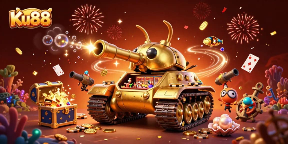 Experience the excitement of Ku88 with a golden tank casino surrounded by treasure and games!