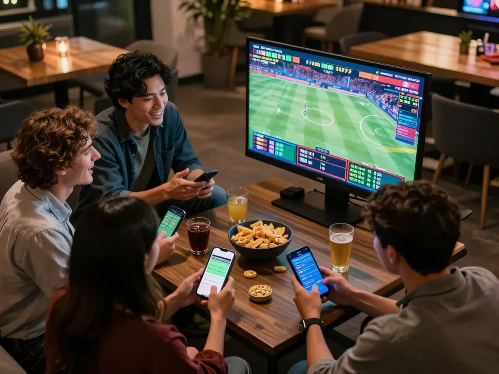 Engaged players using FB88 for sports betting during a lively game night at home