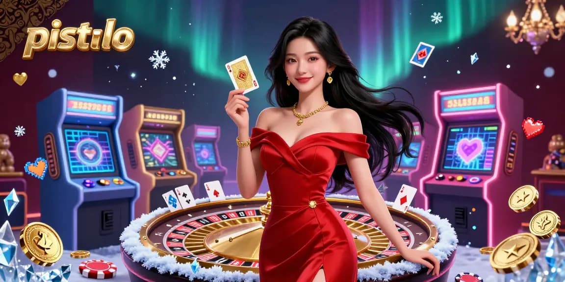 Pistolo Casino illustration featuring a stunning woman and a roulette wheel surrounded by casino elements.