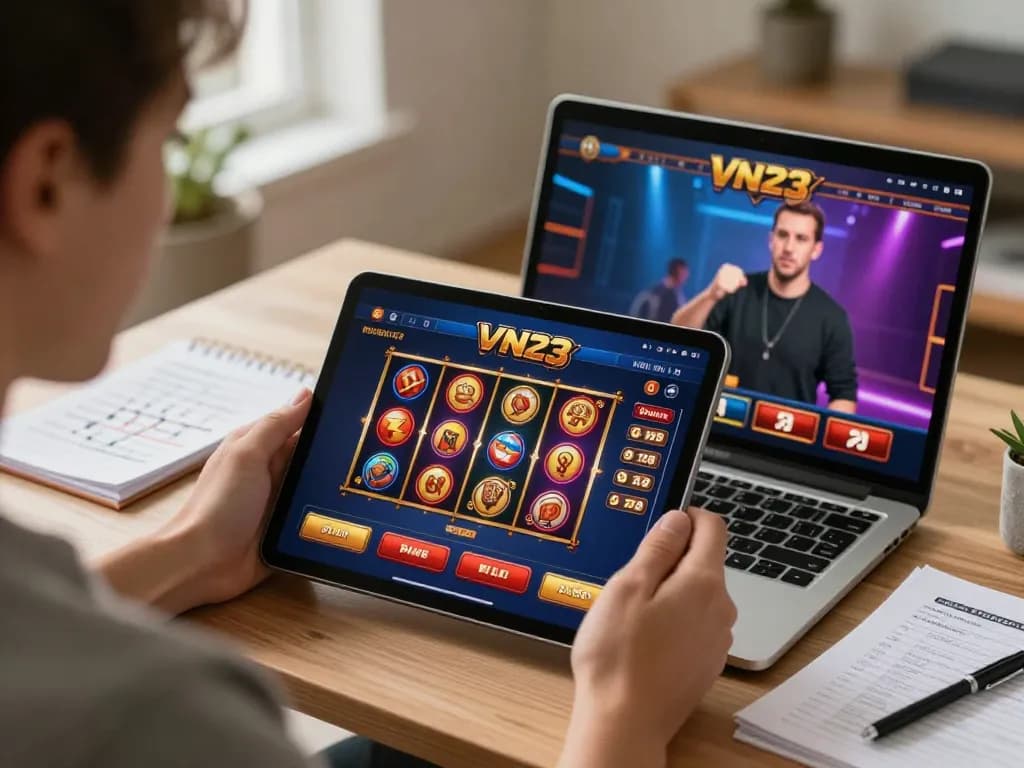 Experience online gaming excitement with VN23 app interface showing vibrant slot reels and user engagement.