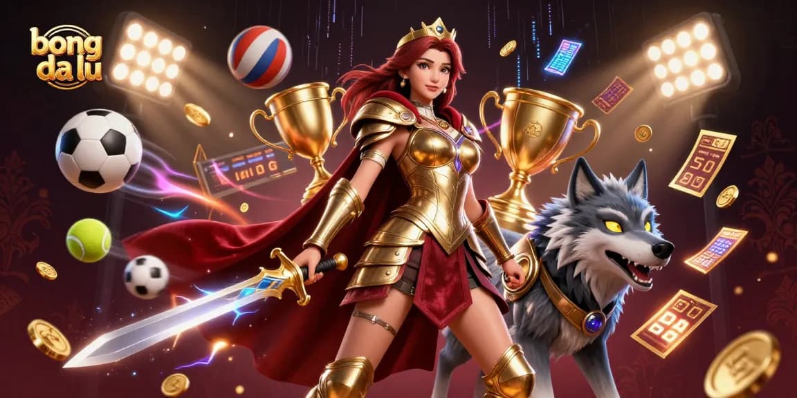 Bong da lu showcases thrilling sports betting action with dynamic sports elements and a warrior queen character.