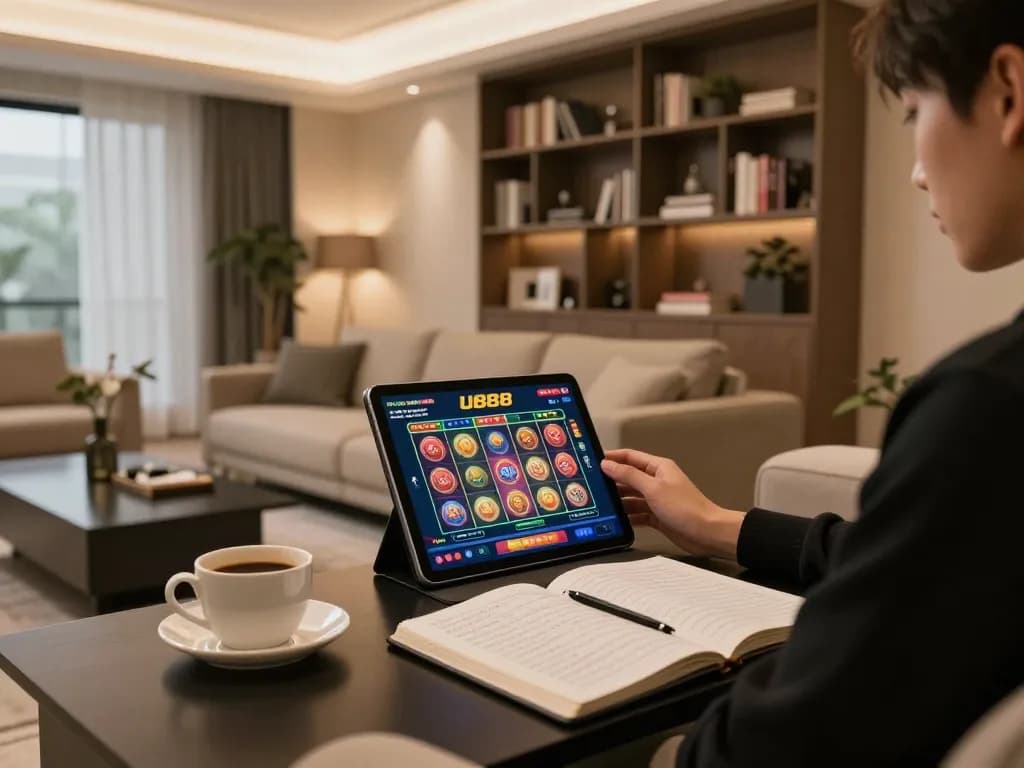 Player engaging with U888 mobile app showcasing vibrant slots on tablet in cozy home setup