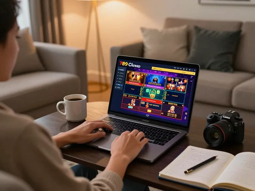 Engaging with 789 club online gaming on a laptop in a cozy home setting, highlighting strategic play.