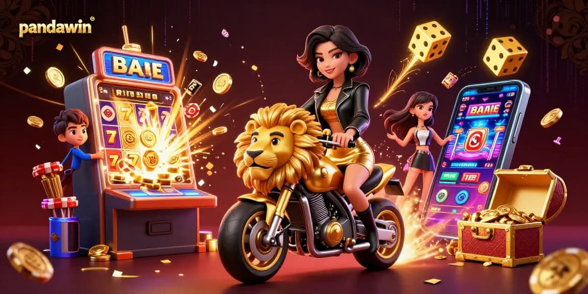 Pandawin slot dengan pemandangan seorang wanita Asia yang bergaya mengendarai singa emas sambil memenangkan jackpot.