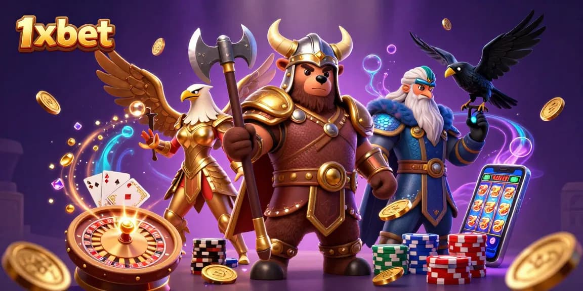 Engage with thrilling scenes at 1x bet featuring Viking bear and Valkyrie eagle amid casino excitement.