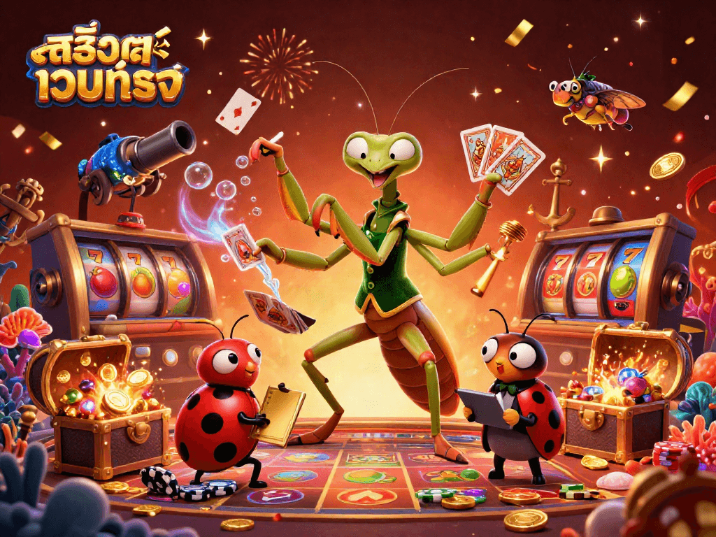Win big at สล็อตเว็บตรง with a vibrant 3D casino scene featuring unique characters and slot elements.
