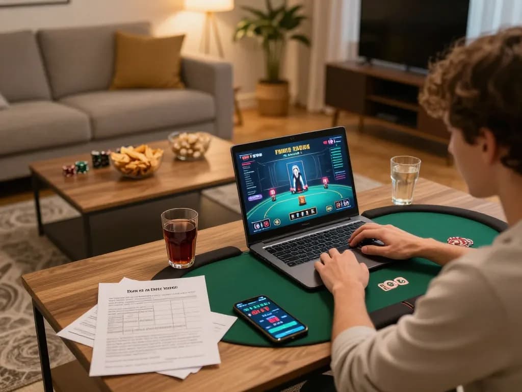 Engaged player using alarifearchitects-inspired online poker setup at home for strategic gameplay.