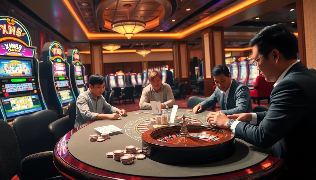 Players enjoying an exciting poker game at Xin88 casino, showcasing vibrant slot machines and roulette.