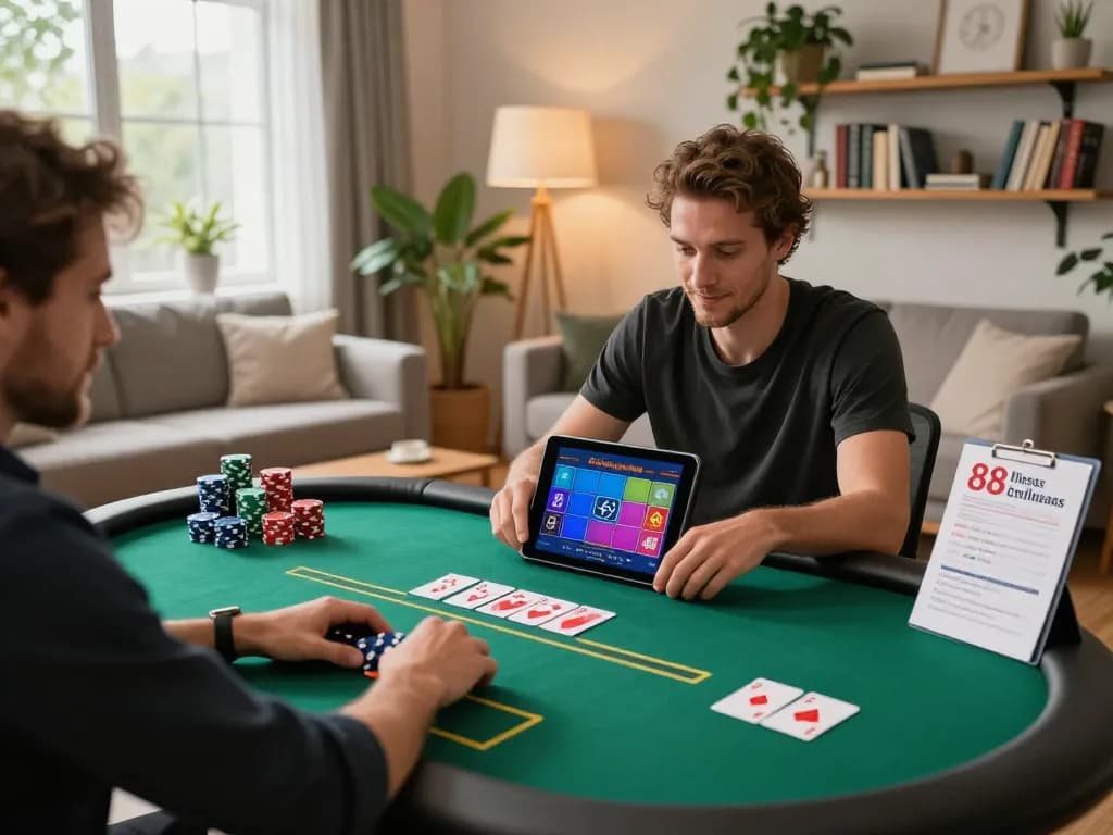 Engaged gamer utilizing mantra88 app on tablet during home poker night, showcasing strategic gameplay.