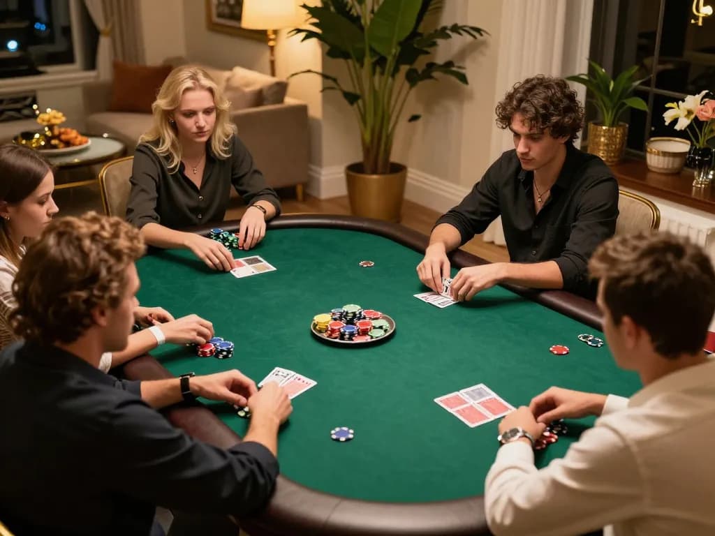 Players engaged in intense poker gameplay at a home game night, showcasing the auction environment and promoting 100VIP's gaming experience.