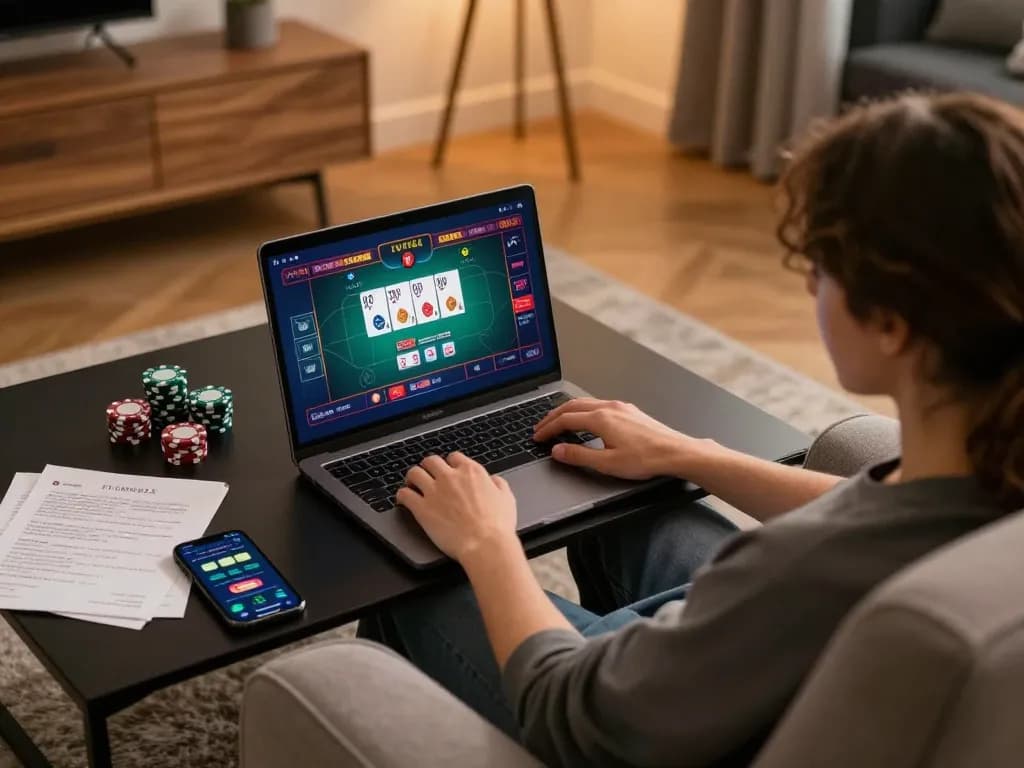IWIN68 online casino gameplay showing a player intensely focused on poker strategy in a cozy home setting.