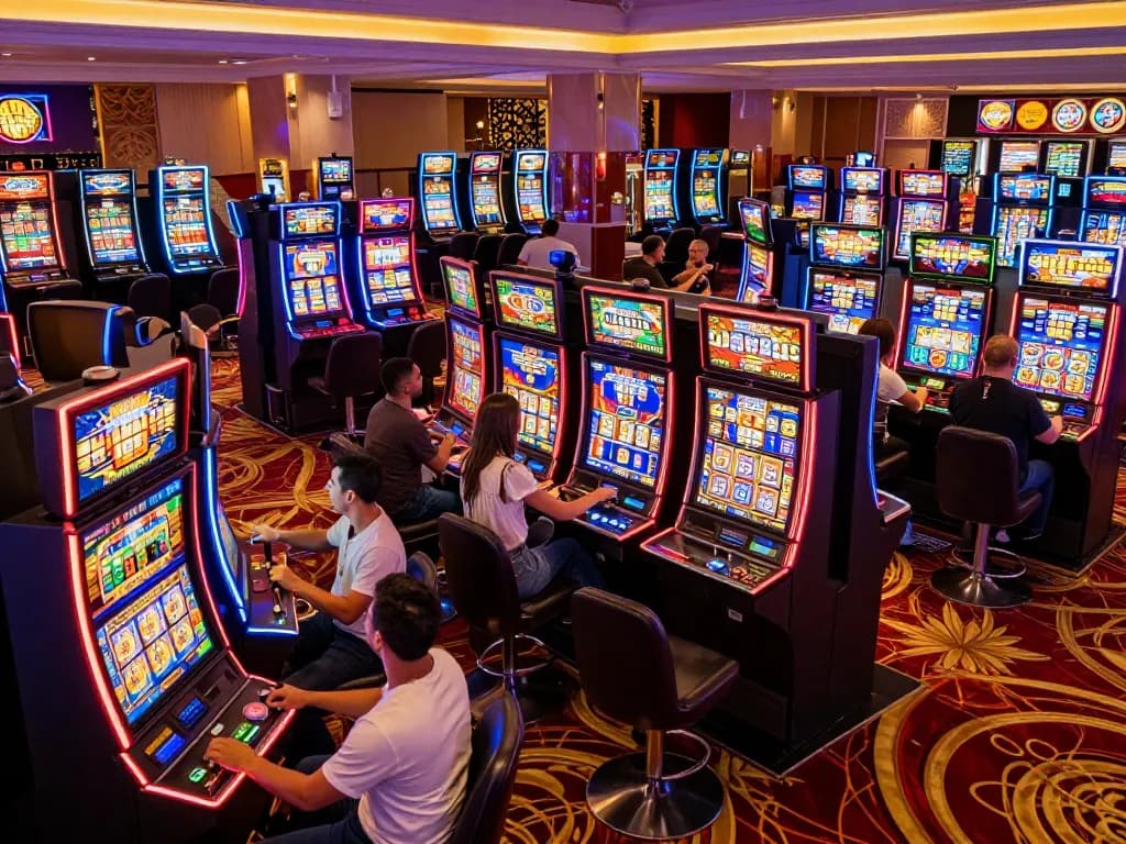 Players enjoying vibrant slot machines at sirensibiza casino, creating an energetic game atmosphere.