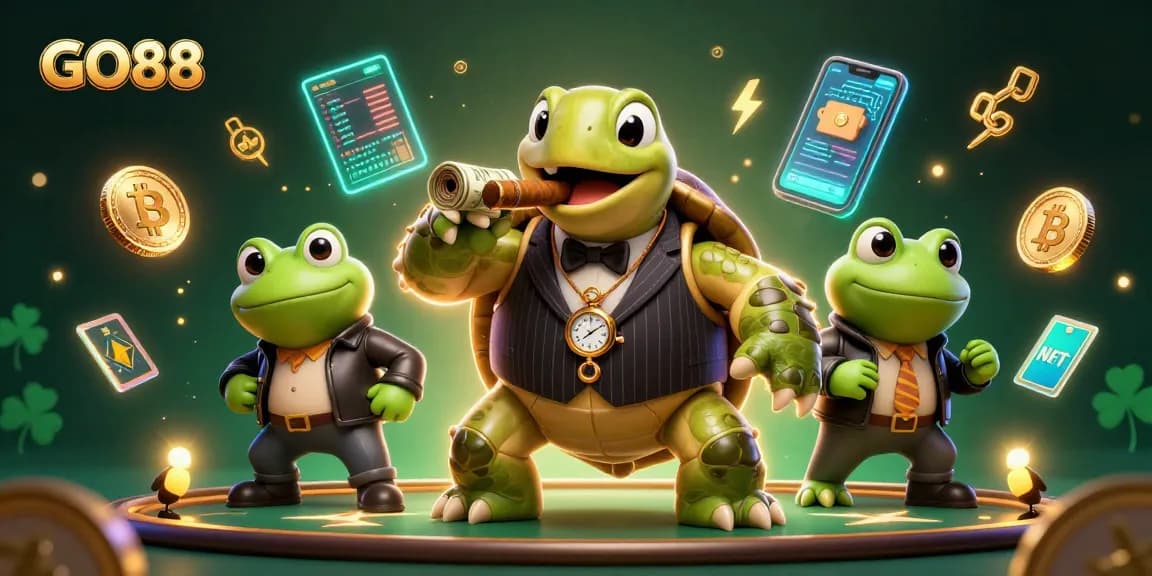 Engage with GO88's vibrant casino scene featuring a snapping turtle and bullfrog enforcers surrounded by crypto coins.