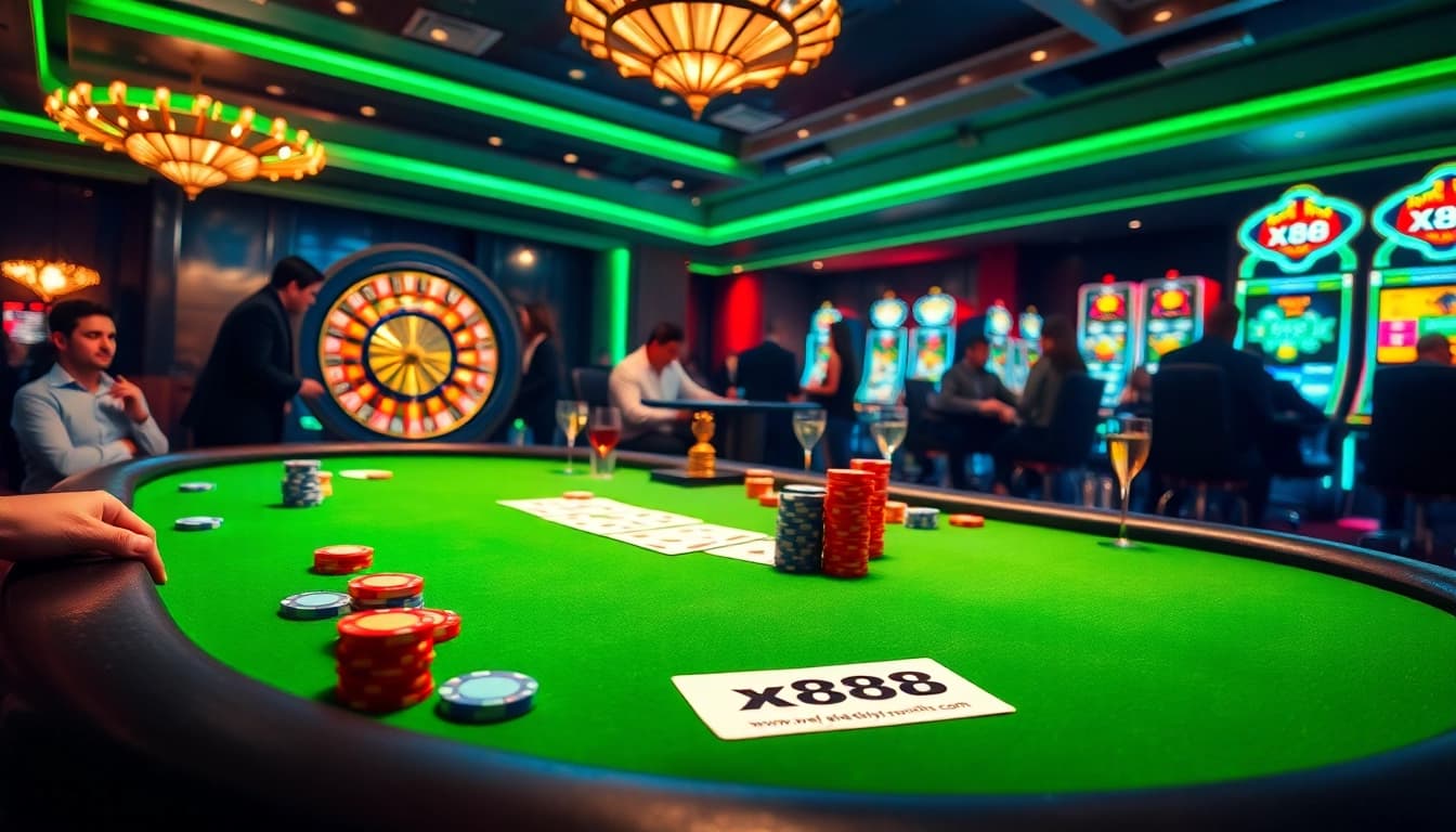 X88 players engaging in high-stakes poker at an upscale casino table with vibrant chips and cards.