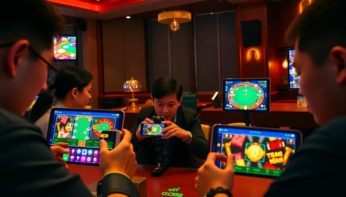 Engaging GO88 gaming scene with players enjoying card games and the GO88 app interface.