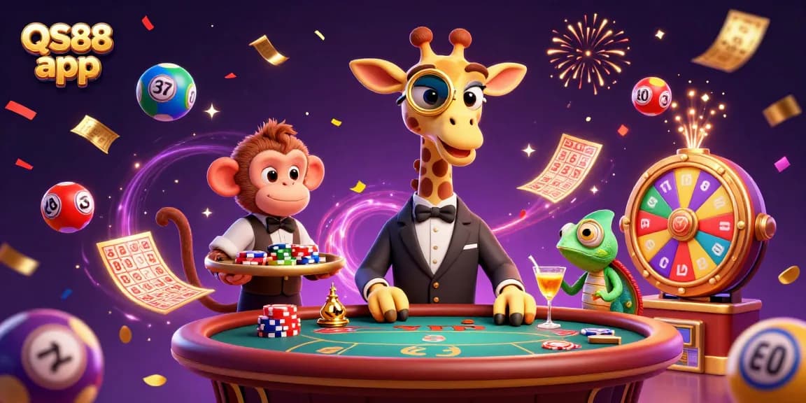 Experience the exciting QS88 app with vibrant lottery elements and animated characters.