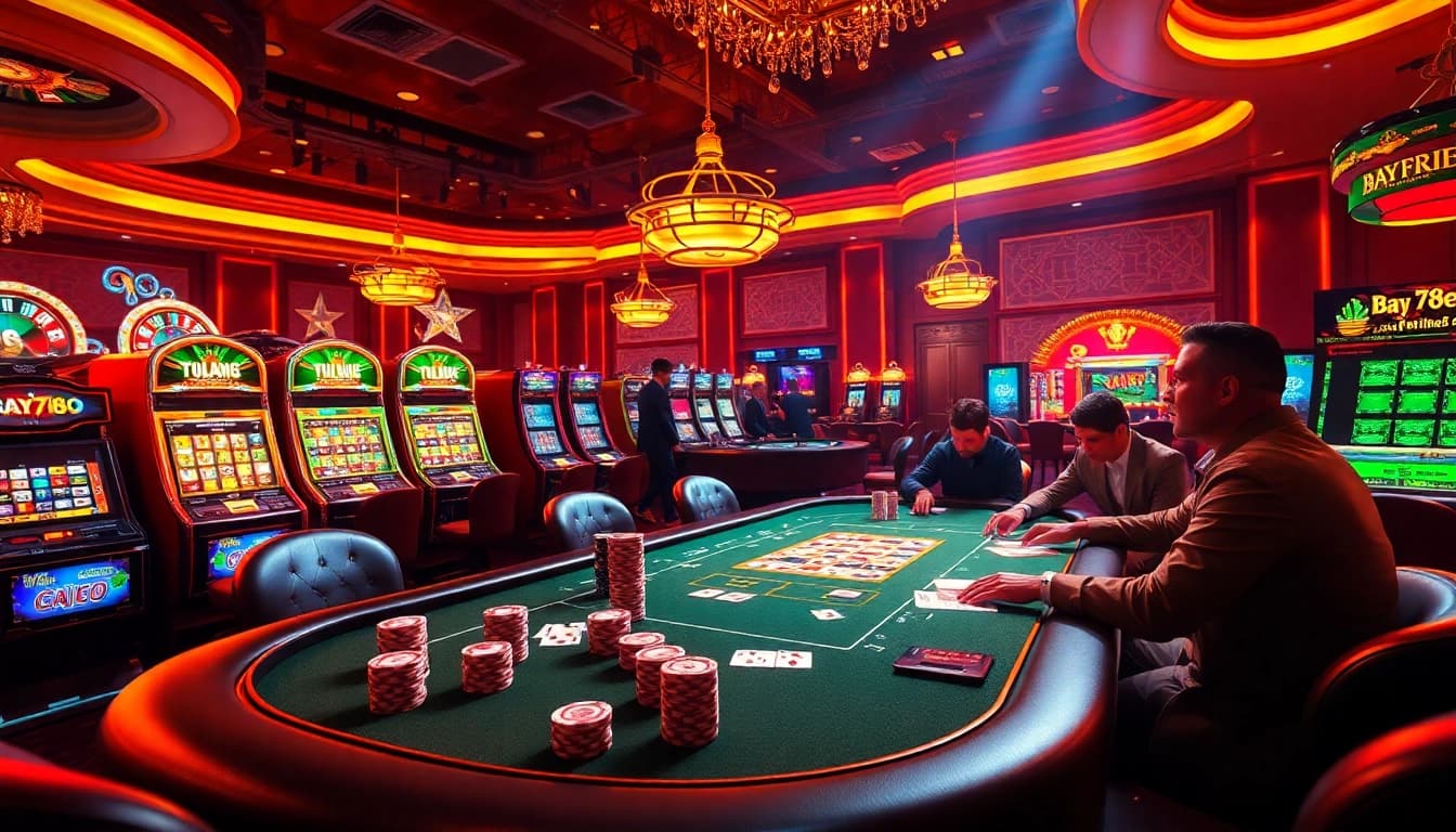 Bay789 players engaging in a thrilling poker game at a luxury casino table with vibrant atmosphere.
