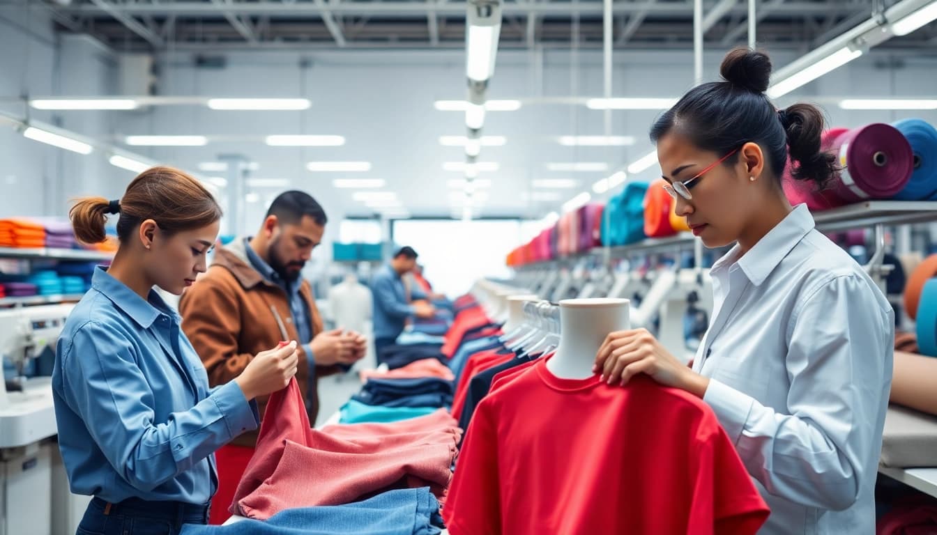 Showing OEM clothing manufacturers inspecting garments in a modern factory setting.