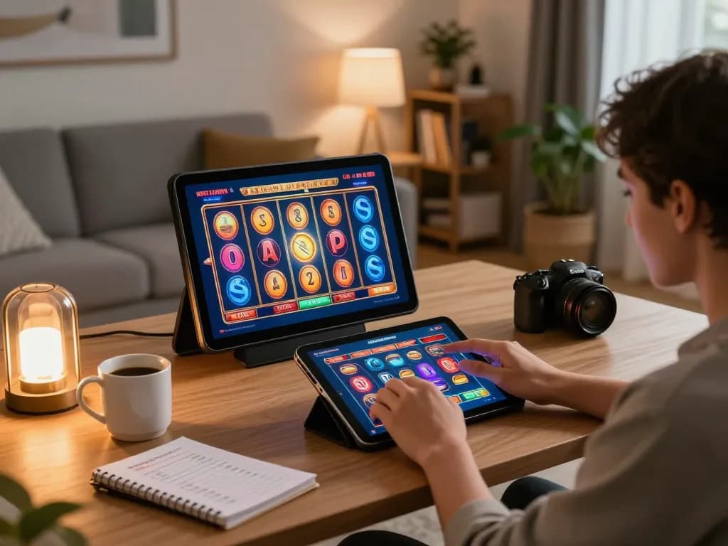 Nego77 player engaged in online slot game on tablet with strategy notes nearby.