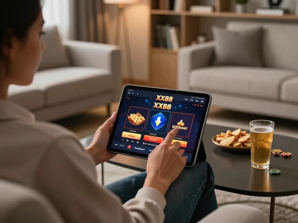 Player enjoying online gaming on XX88 app in cozy living room environment