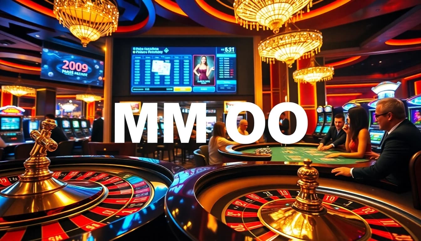 Exciting casino gaming scene featuring MM OO-themed roulette and poker tables with vibrant colors.