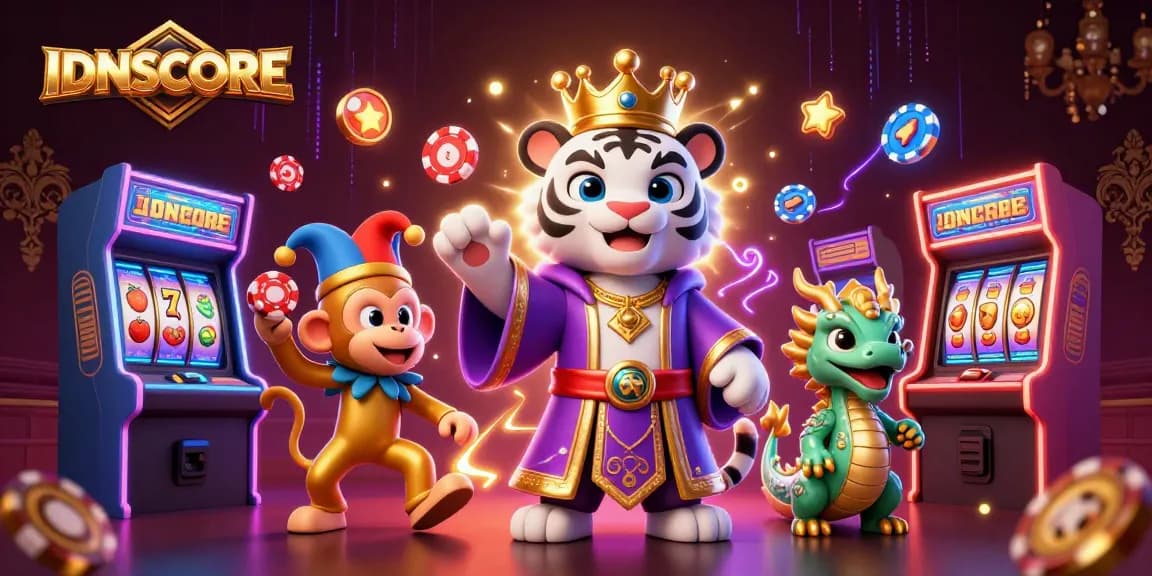 Experience the thrill of IDNSCORE with playful characters amidst lively gaming elements.