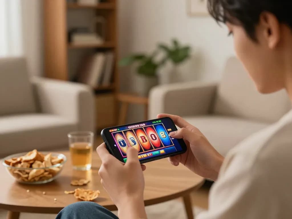 Engaging in online slot gameplay with jewanced app on a smartphone in a cozy living room.