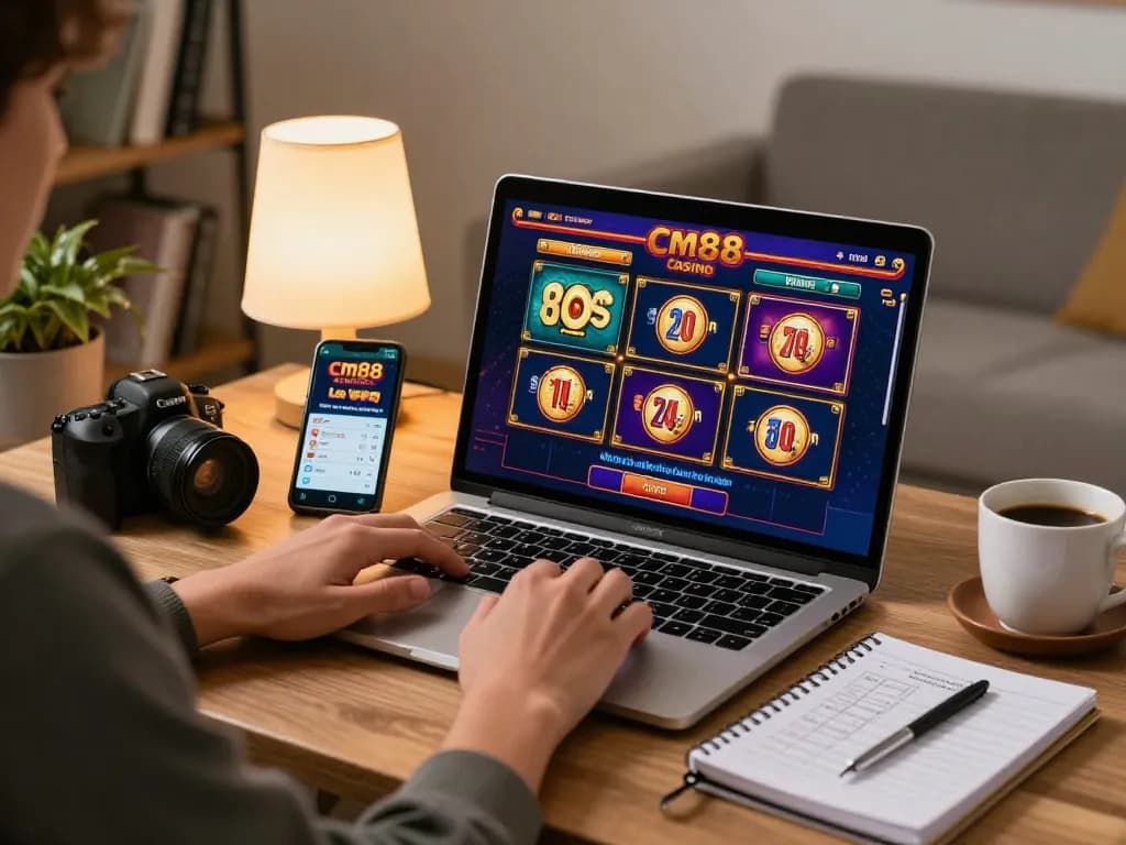 Engaging online gaming at cm88 with a player using a laptop and smartphone for live betting.