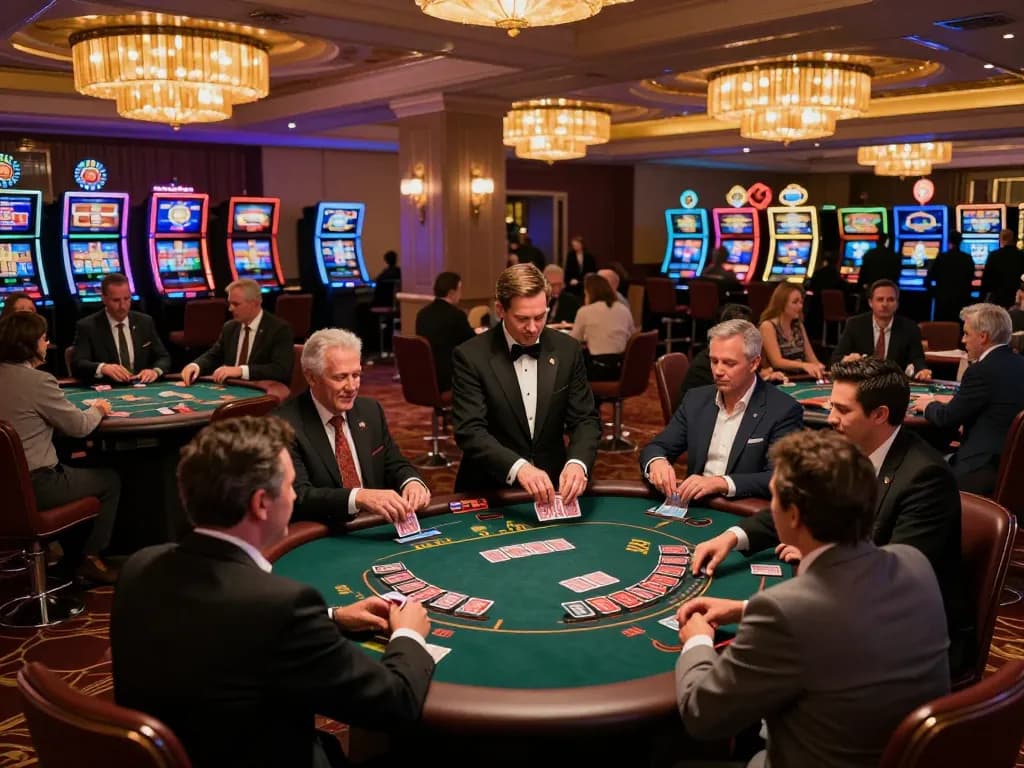 Players enjoying an engaging blackjack experience at 789P's casino floor, vibrant ambiance.