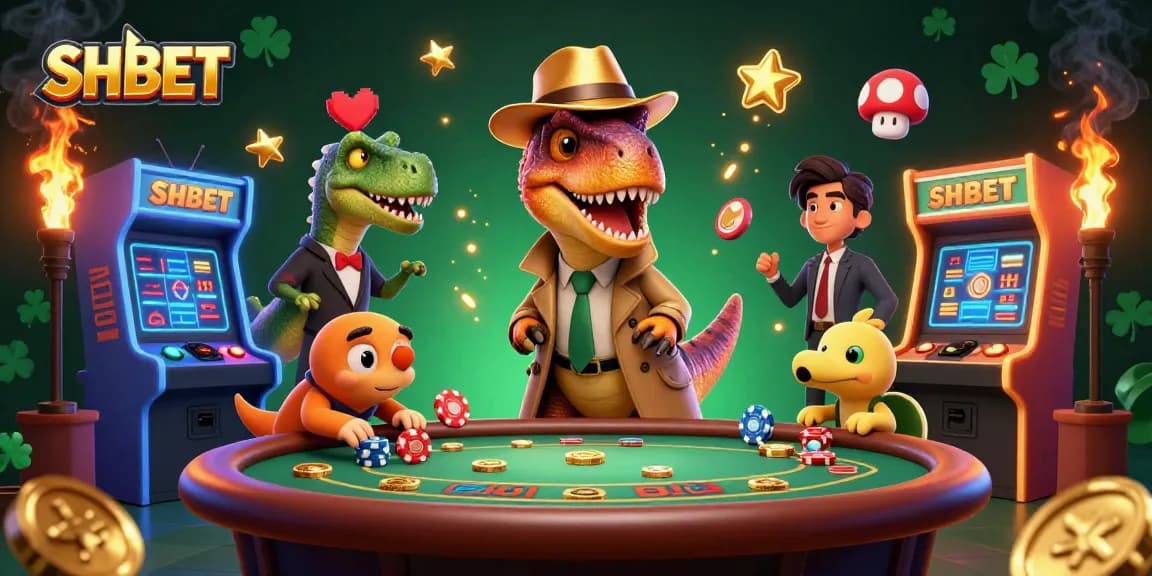 Engaging 3D scene of SHBET with a velociraptor card counter and stegosaurus pit boss at a blackjack table.