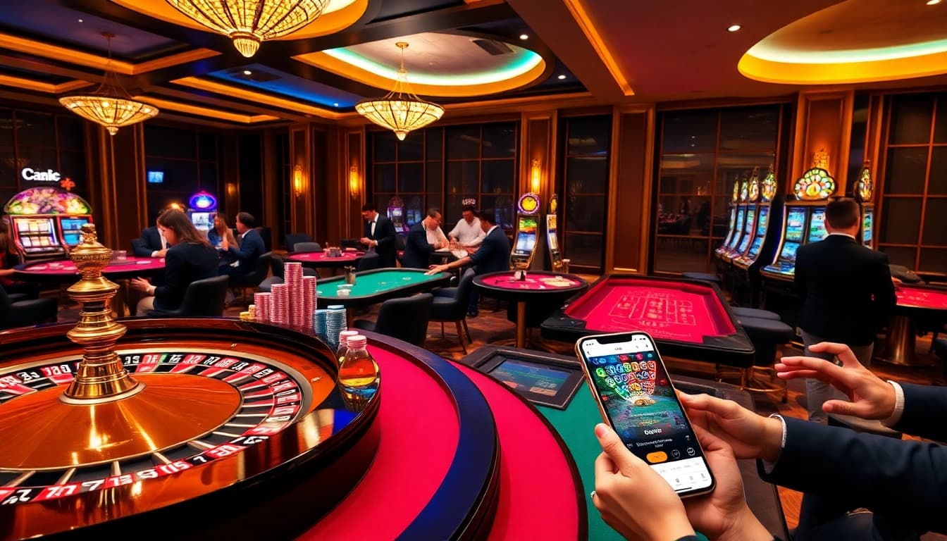 Experience the excitement of gambling with 'link tải sunwin' showcased on mobile devices at a luxurious casino.