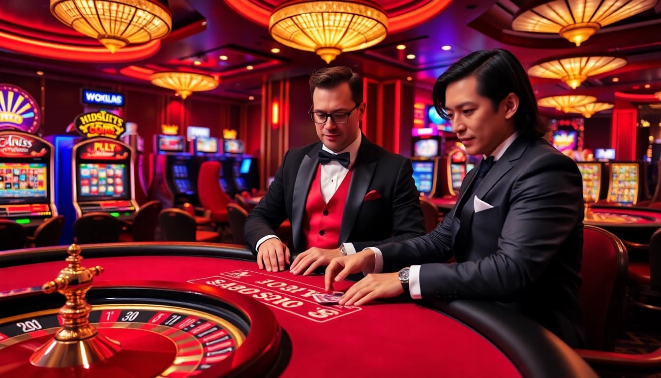 Experience the excitement of gambling on https://lv88.ltd/ with a luxurious casino scene featuring professional dealers and vibrant gaming action.