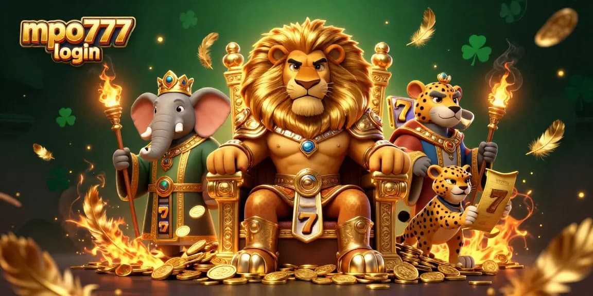 Experience the excitement of mpo777 login with this vibrant casino-themed illustration featuring a lion king and more.