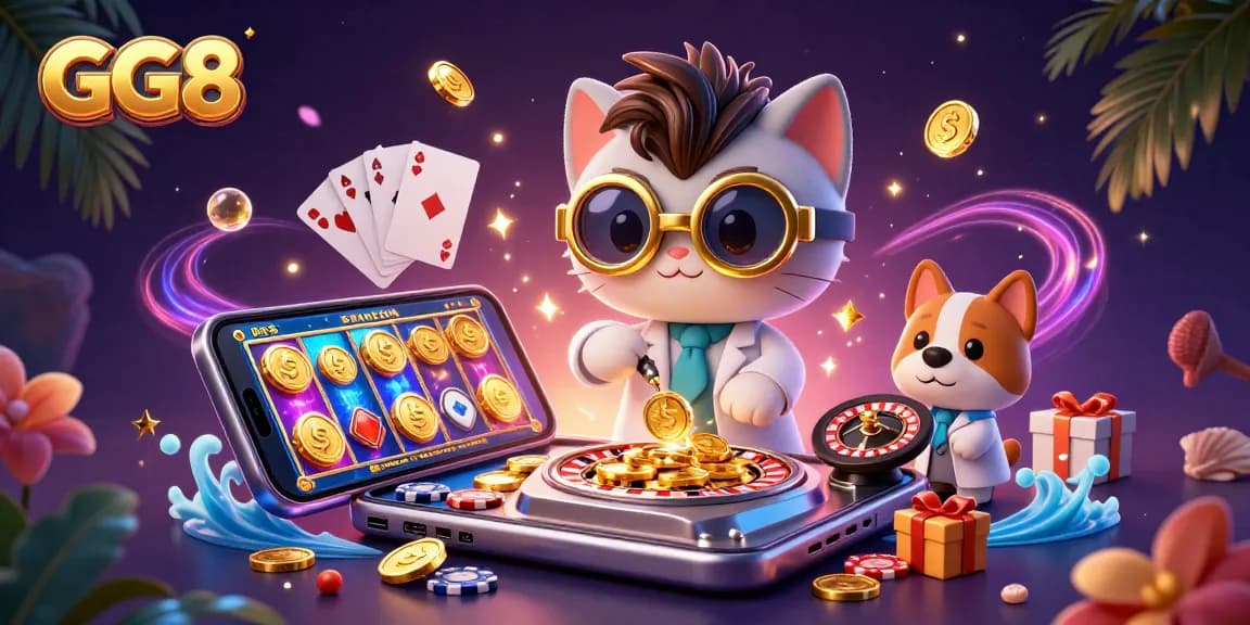 GG8 features a mad scientist cat and assistant dog amidst colorful casino elements, showcasing vibrant slot action.
