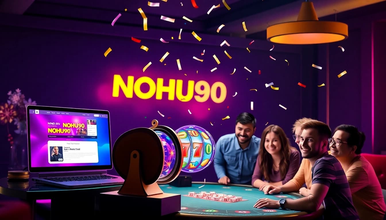 NOHU90 showcases a dynamic online gaming interface with players celebrating a jackpot win.