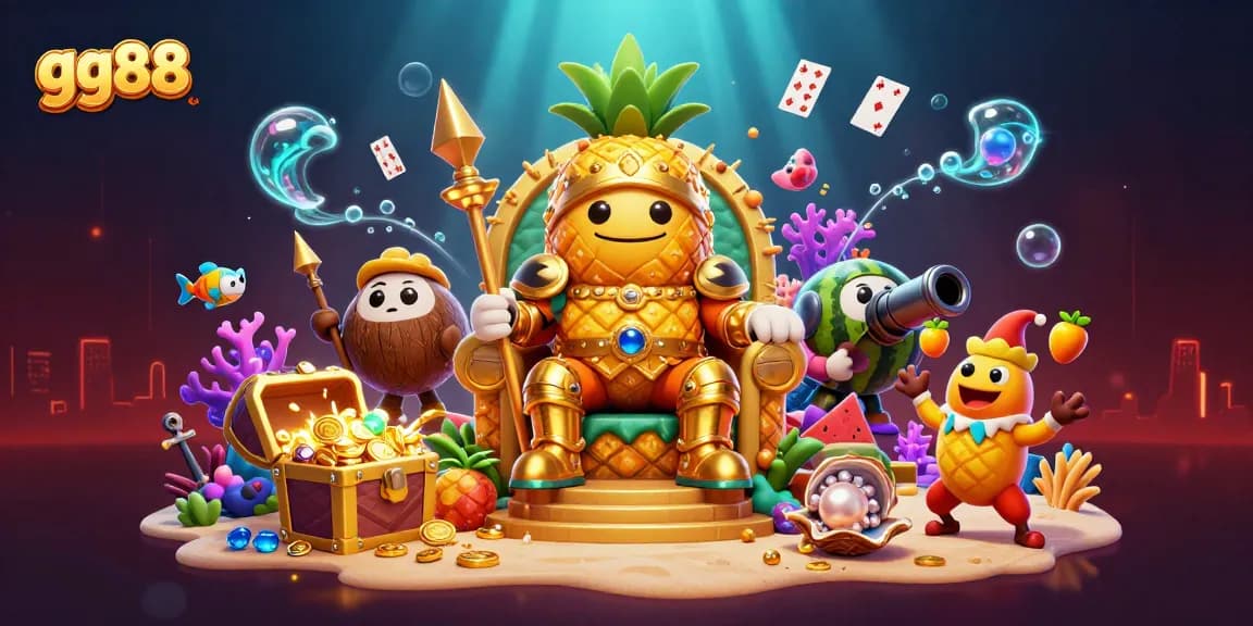 Experience thrilling gaming at gg88 with a vibrant 3D casino scene featuring a golden pineapple king.