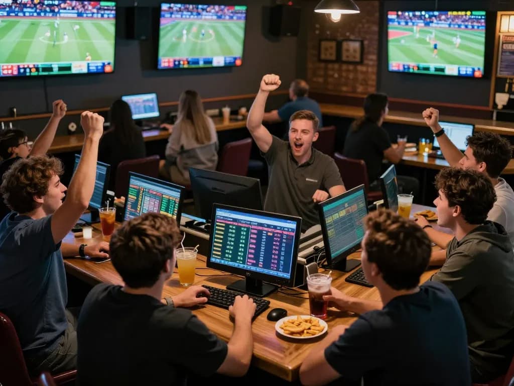 Fans engaging in sports betting at a lively bar, excitement visible as they check odds on 789P app.